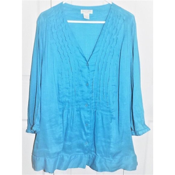 Deane & White Woman 1X blue 3/4 sleeve collarless V-neck gauzy tunic - Picture 1 of 4